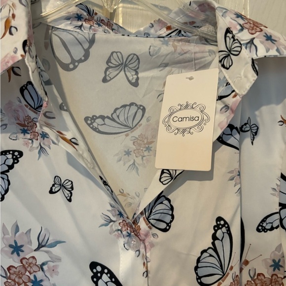 NWOT “Camisa “ Butterfly Collared Blouse With Gathered Mid Length Sleeves - Picture 4 of 5